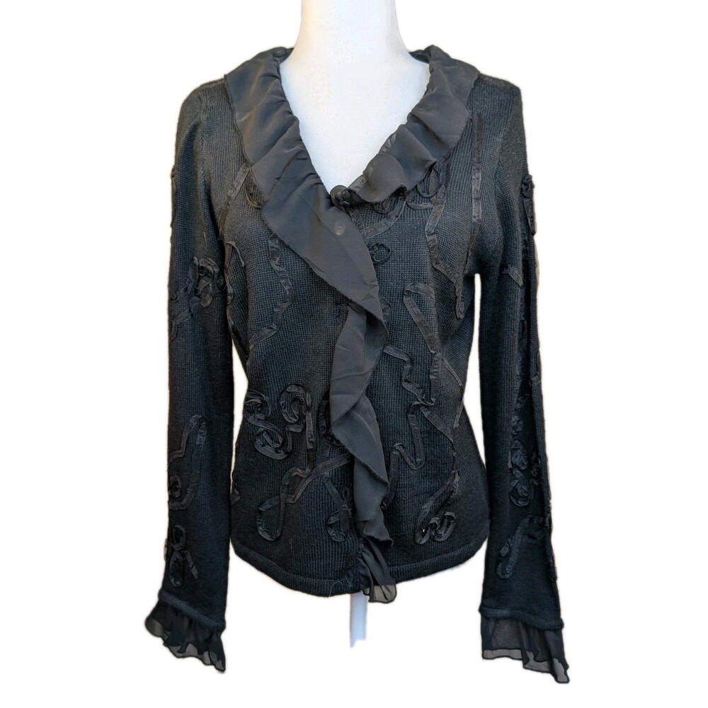Black Embellished Cardigan Sweater Size M Ribbon and Ruffles Classic Holiday